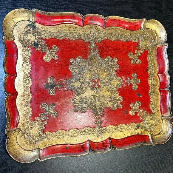 Vintage Italian Red Gold Gilded Wooden Florentine Rectangular Tray - Picture 3 of 13